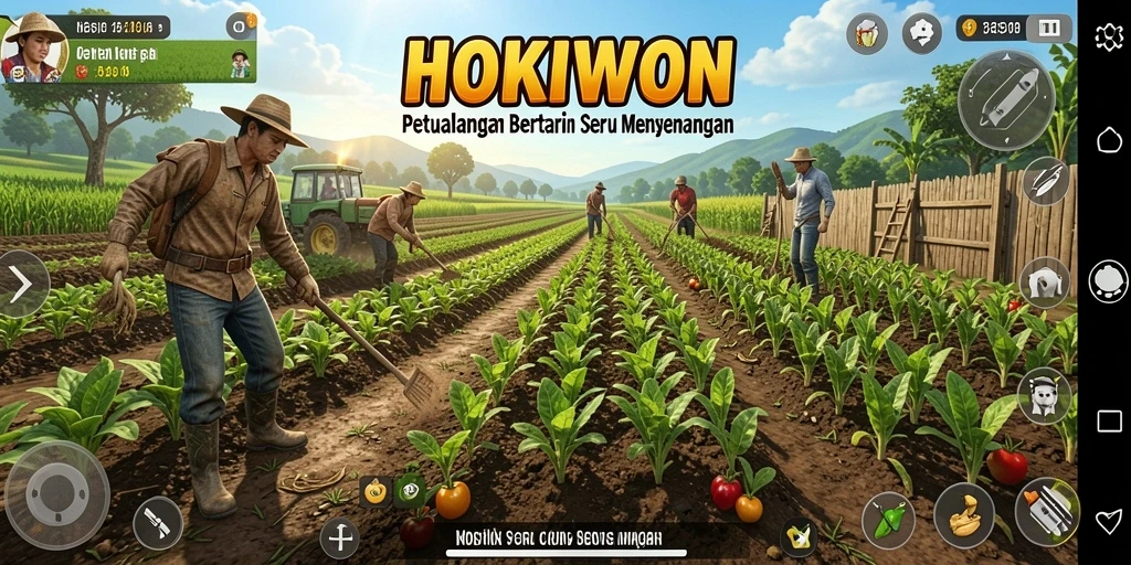 Screenshot HOKIWON menunjukkan ladang hijau yang subur dan interaksi petani.