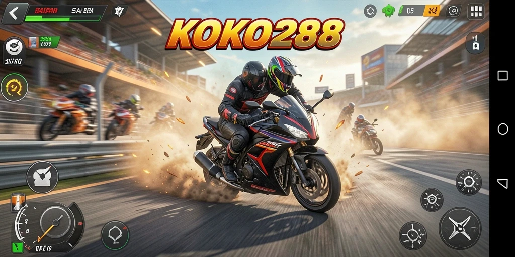 Gameplay KOKO288 menampilkan balapan motor yang mendebarkan.