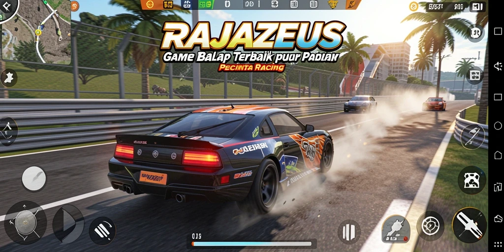 Screenshot permainan RAJAZEUS yang menunjukkan aksi balap mendebarkan.