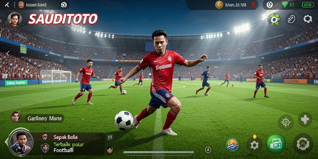 Screenshot gameplay SAUDITOTO menampilkan aksi seru pemain sepak bola.