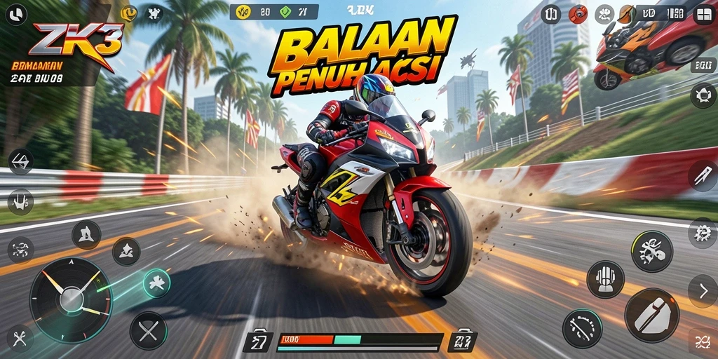 Tampilan gameplay menegangkan di ZK3 dengan motor balap yang cepat.